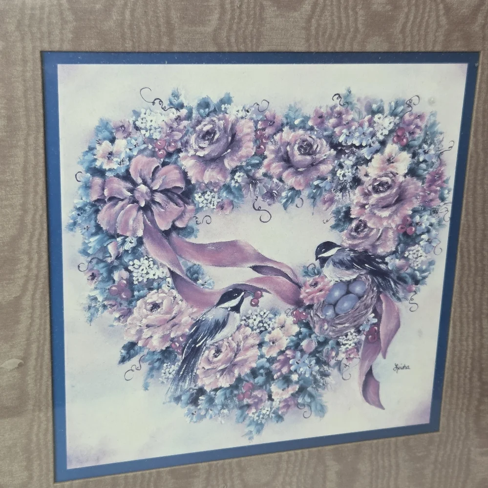 Vintage Home Interiors 90's Framed Heart Shape Floral Wreath Love Birds Wall Art